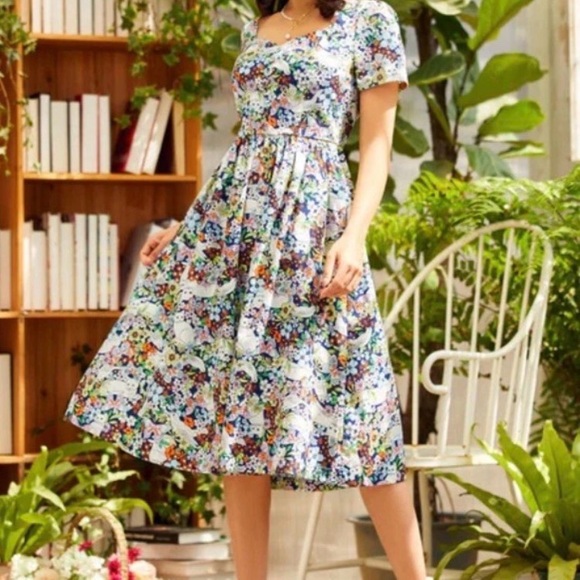 Modcloth Dresses & Skirts - ModCloth Fit & Flare Midi Dress Retro 50s Blue Whimsical Floral Cat Cotton Sz 2